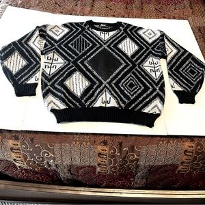 Impact Men SZ XL Black White Acrylic Leather Sweater Vintage 80s 90s Grandpa Dad